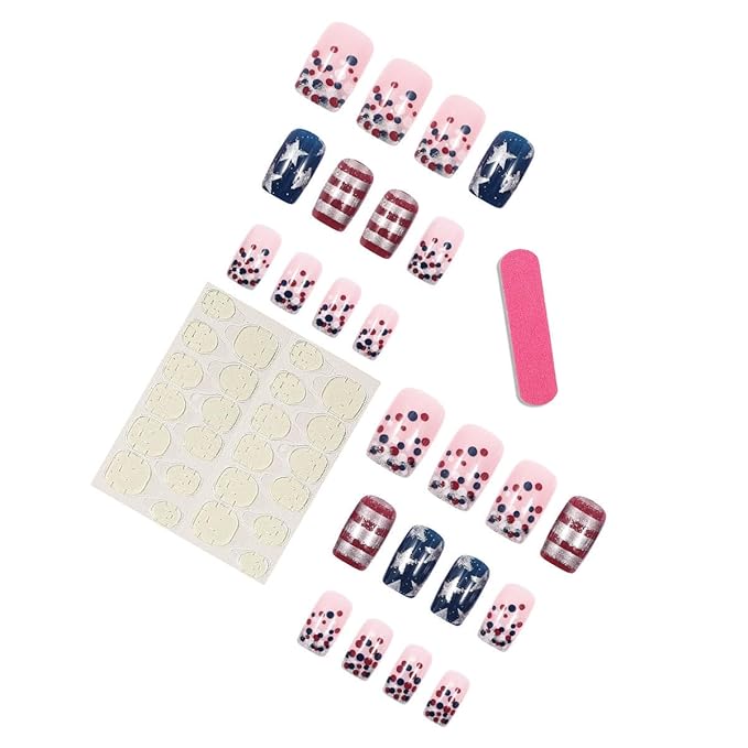 24Pcs 4th of July Press on Nails Short Square Fake Nails with Glitter Stars Stripe Design Acrylic Nails Silvery French Tip False Nails Full Cover Glossy Independence Day Stick on Nails for Women