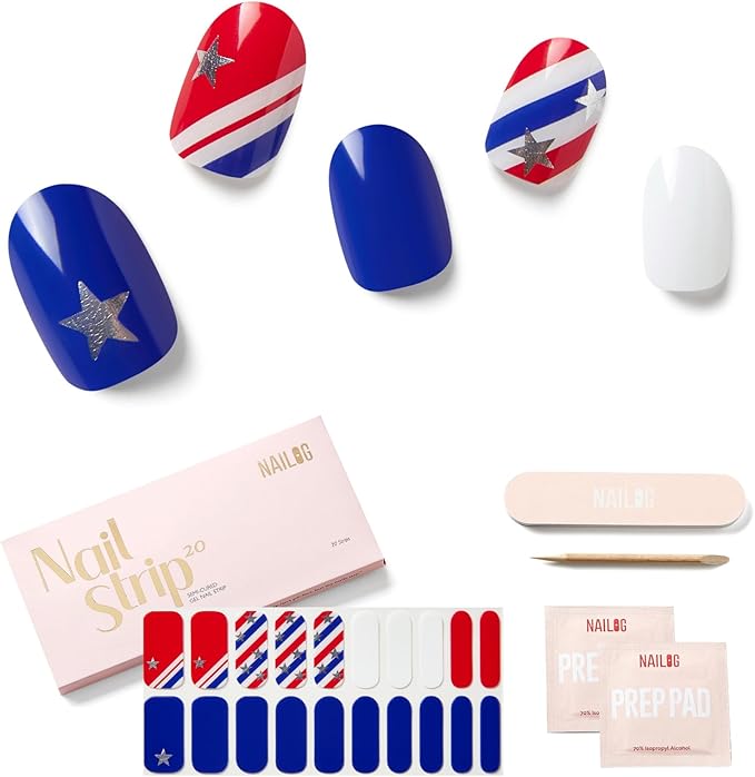 July 4 Semi Cured Gel Nail Strips - NAILOG 20 Pcs Nail Stickers Extra Long Wraps with Glossy Gel Finishing for Independence Day, Born to Star