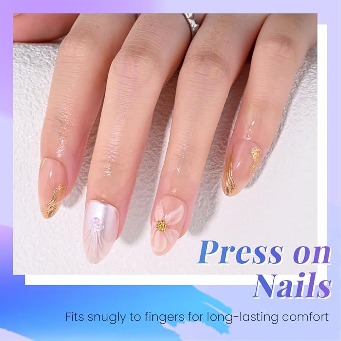 3D Pink Flowers Press on Nails Short Almond, Acrylic Fake Nails with 3D Gold Line White Pearls Floral Design, Reusable Glue-On Stick for Flower Fashion Nails for Women