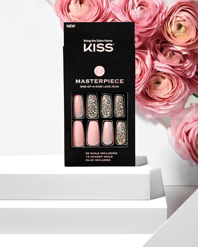 KISS Masterpiece One-Of-A-Kind Luxe Manicure, Premium Acrylic Fake Nails with Pink Gel Nail Glue, Manicure Stick, Mini Nail File, & 30 Glue On Nails Including 12 Accent Nails