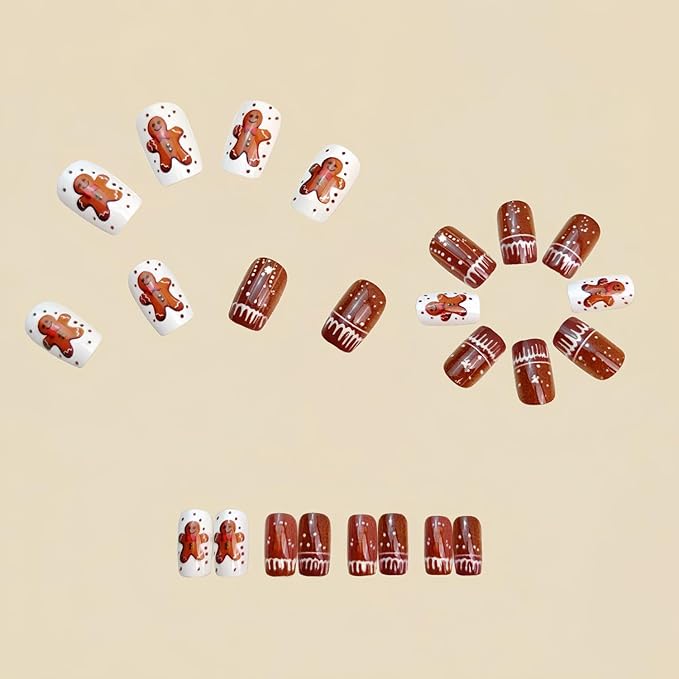 Christmas Press on Nails Short Square Fake Nail with Gingerbread Man Designs Brown Xmas False Nails Glossy Full Cover Winter Stick on Nail for Women 24 Pcs