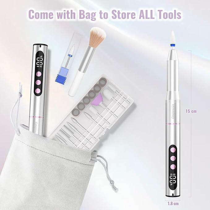 Electric Nail Drill Cordless, 35000RPM Portable Electric Nail File with LCD Display and 12 Nail Drill Bits for Acrylic & Gel Nails, Professional Manicure & Pedicure Kit Set Silver