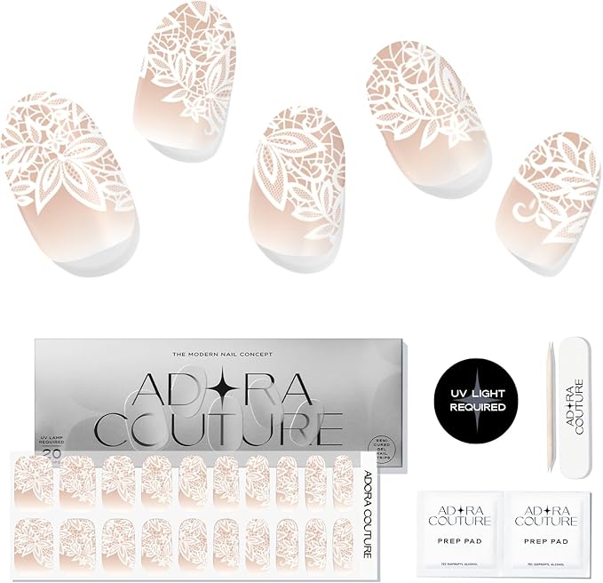 Semi Cured Gel Nail Strips with 20 Pieces - UV Gel Stickers, Manicure Kit, Easy Application Wraps Includes Prep Pads, Nail File, Wooden Stick - UV Light Required (Milky Lace)