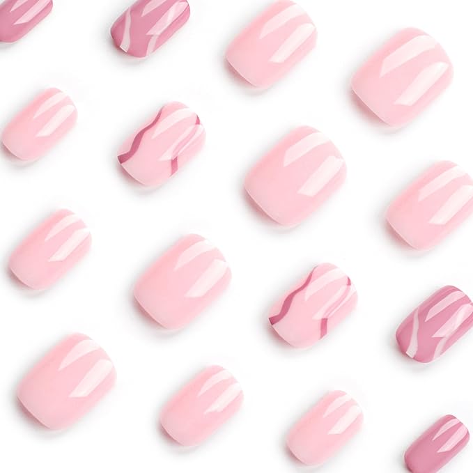 Square Press On Nails - Pink False Nails with Line Design, Glossy Full Cover, Reusable Artificial Nails for Women's Manicure, 24 Pcs