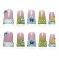 10Pcs Handmade Press on Nails Short Duck Nails Press ons Green French Tip with 3D Floral Rhinestone Design Stick on Nails for Women Nails Art (Whisper in Blush & Mints,L)