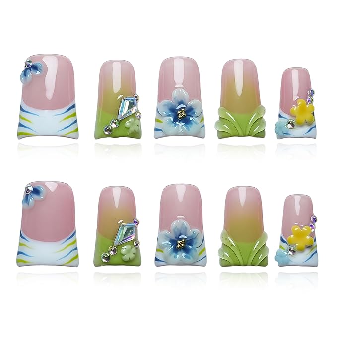 10Pcs Handmade Press on Nails Short Duck Nails Press ons Green French Tip with 3D Floral Rhinestone Design Stick on Nails for Women Nails Art (Whisper in Blush & Mints,S)