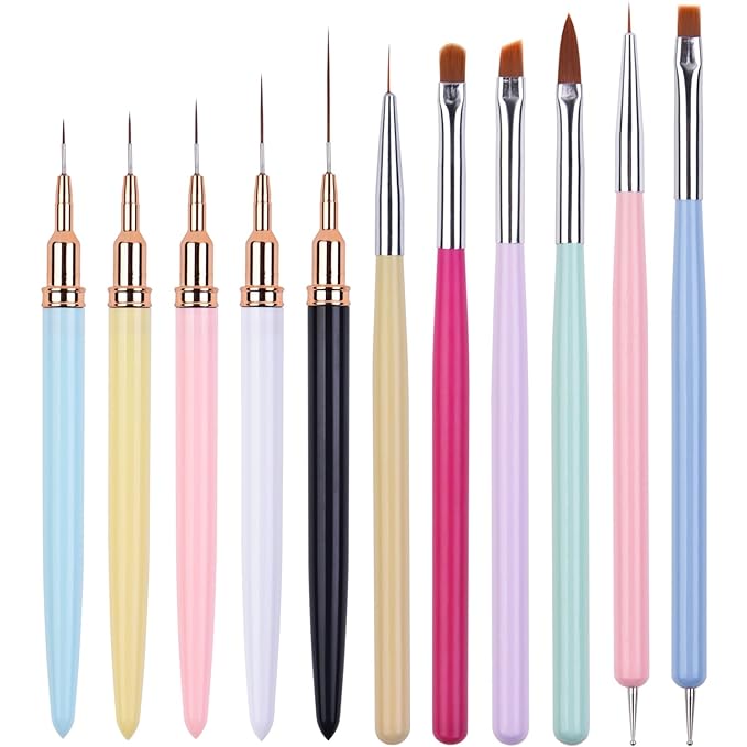 11pcs Nail Art Brushes, Nail Art Liner Brush Set, Dotting Tools, Drawing Pen, Striping Brushes for Long Lines, UV Builder Gel Brush Manicure Design Set