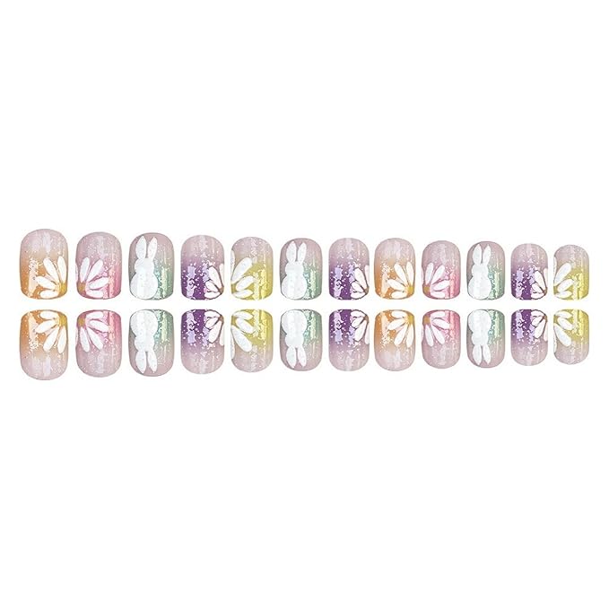 Easter Press on Nails Colorful Gradient French Tip Fake Nails White Bunny & Flower Designs Easter Short Square False Nail Full Cover Glitter Stick on Nails for Women DIY Manicuare 24 Pcs
