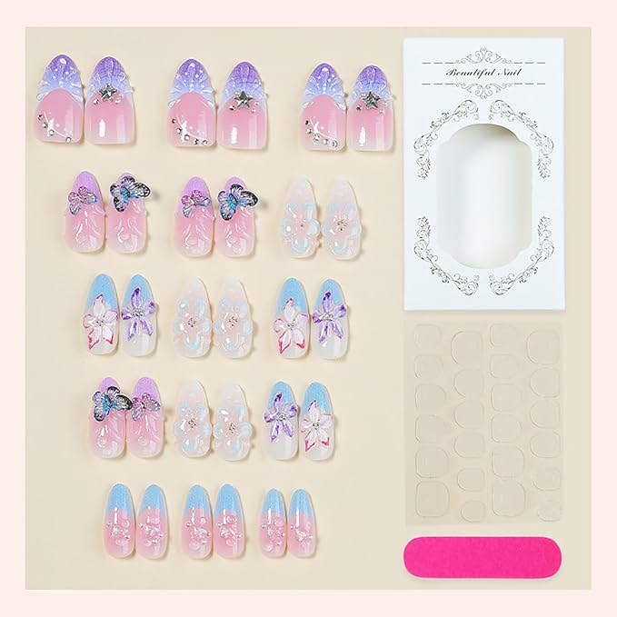 3D Flower Press on Nails Medium Almond Fake Nails with Butterfly Designs Blue French Tip False Nail Spring Summer Floral Stick on Nail for Women 30 Pcs