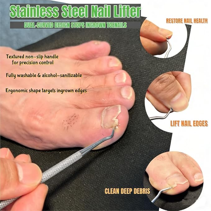 4-in-1 Toe Nail Care Kit: Toe Nail Files for Thick Nails with Ingrown Toenail Lifter & Silicone Thumb Guard | Non-Slip Grip, 2 Metal Nail Files for Men/Seniors/Silver Lifter
