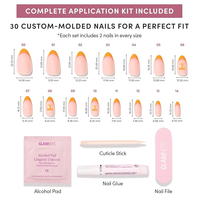Glamnetic x Fanatics Press On Nails - Tennessee Volunteers | Short Almond Fake Nails, Collegiate Volunteers Orange French Tips, College Nails, Salon-Quality | 15 Sizes - 30 Nail Kit with Glue