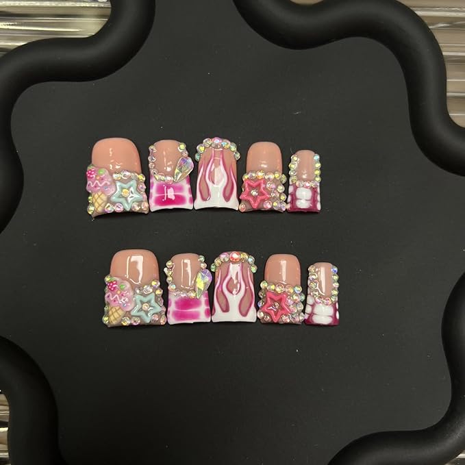 Handmade Press on Nails Short Duck 3D Rhinestones French Tip Thick Acrylic Fake Nails Pink False Nails with Cute Stars Ice Cream Designs Muti-Layer Gel Stick on Nail Art Press on Nail for Women（S)