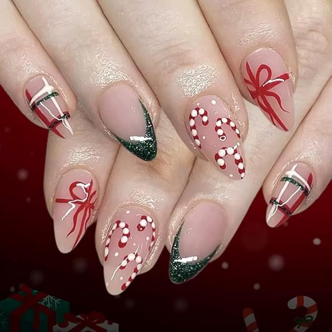 2 Packs 48Pcs Christmas Press on Nails Short Almond Fake Nails Red Snowflake Acrylic Candy Stripe Glitter Designs French Tip Nails Winter Xmas Glue on Nails Kid Set for Women Girls Decoration