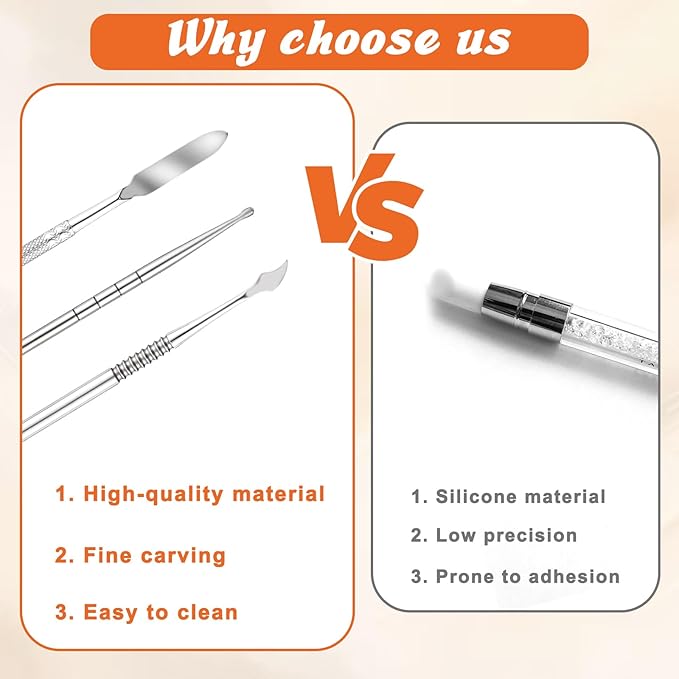3 Pcs Nail Art Sculpture Pen, Stainless Steel 3D Gel Nail Art Sculpting Tool Dual Tipped Dotting Tool Dual-Head Fingernail Polish Design Tools for Salon Home DIY Foil Carving Drawing (Silver)