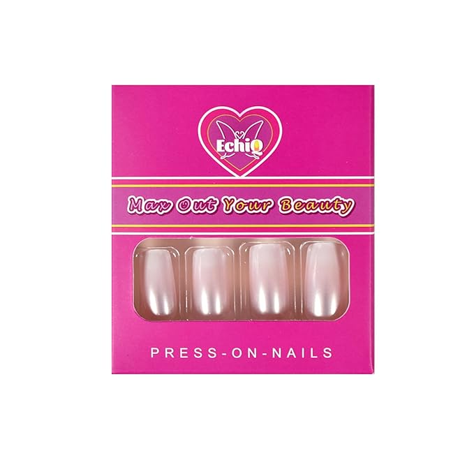 EchiQ Pearl Shine Glossy Fake Nails Shimmer White Square French Nail Ombre Faux Ongles Gradient Medium Fingernails with Gluetabs
