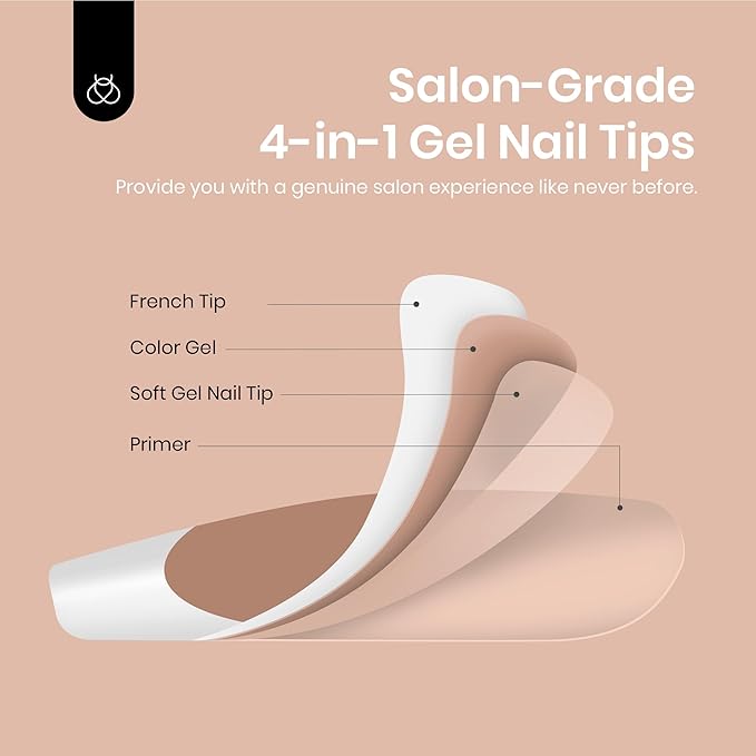 Beetles Press On Nails Square- French Tip Nails 210pcs Short Square Brown Soft Gel Nail Tips Pre-applied Tip Primer No Need File False Nails for Nail Art DIY 15 Sizes