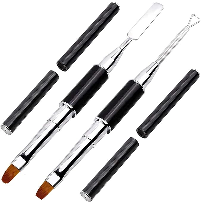 Kalolary Poly gel Dual Brushes for Nails, Acrylic Nail Brush with Spatula & Cuticle Pusher Tools for Poly gel Application Acrylic Powder Nail Extension - 2Pcs
