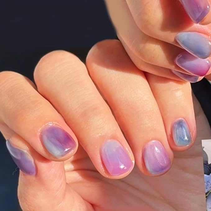 Press On Nails Set, 2026 Spring Summer Collection, Sweet Purple Grape Gradient Ombre Fake Nails, Glossy Short Square False Nails with Adhesive Tabs (24PCS)