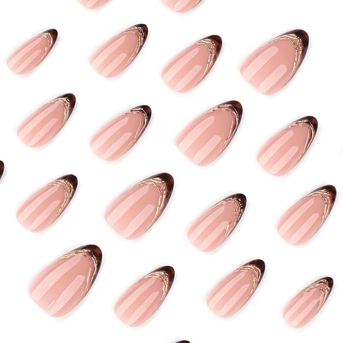 Almond Press On Nails Medium Short, Nude Pink Fake Nails with Tortoiseshell Brown French Tip and Gold Foil Detail, Glossy Reusable Glue On Nails for Women, Natural Stick On Nails Kit, 24 Pcs