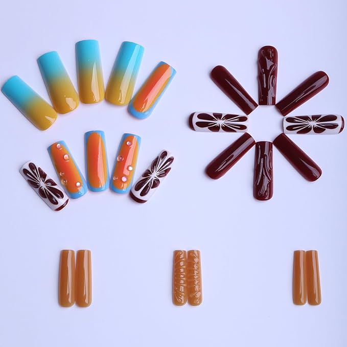 Long Square Press on Nails Fruits Design 3D Fake Nails Summer Flase Nails Full Cover Glossy Glue on Nails for Women 24PCS