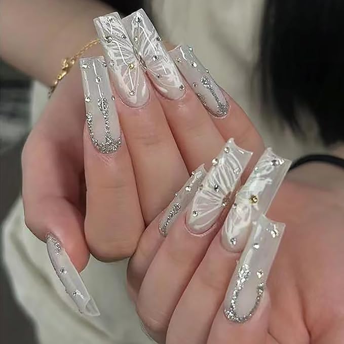 RTKHFZE Long Coffin Press on Nails Cute Acrylic Fake Nails Nude Glitter False Nails with Butterfly Pattern Designs Rhinestone Artificial Nails Full Cover Stick on Nail for Women 24Pcs