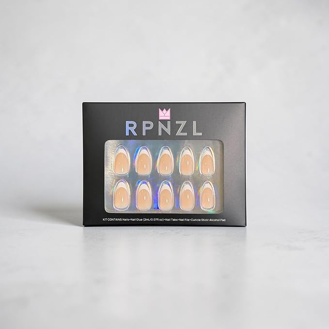 Press On Nails - Paris | White French Tip, Short Almond Nails, Fake Nails Salon Quality | 32 Nails, 16 Sizes Kit with Glue and Adhesive Tabs