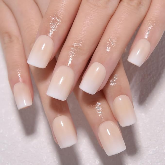 Khaki White Ombre Press on Nails, Short Square Acrylic Fake Nails Design, Natural Reusable Nails Kit for Women DIY False Nail Art Decoration Gift, Salon Quality Reusable 15/30 Pcs