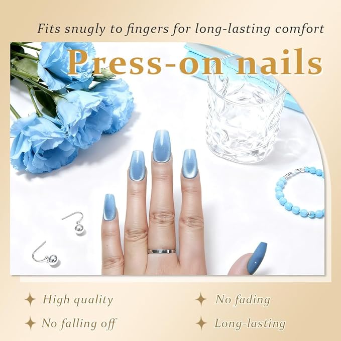 evpct Light Blue Cat Eye Coffin Press on Nails Square Medium, Medium Square Stick on Nail for Women, Light Blue Metallic Glitter Glossy Reusable Summer Soft Gel Press on Acrylic Fake Nail with Designs