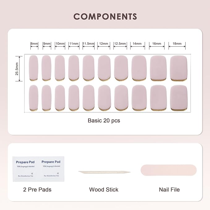 Semi Cured Gel Nail Strips – Real Gel Nail Polish Wraps for Brittle Nails | Waterproof Long Lasting Easy Peel-Off Removal | Hema-Free | 20-Piece Golden Pink Salon Kit with File & Stick