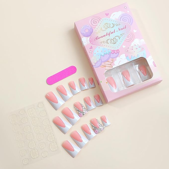Handmade French Tip Fake Nails - Pink Full Cover Diamond Flower Designs, Glossy Glue On Nails for Women & Girls