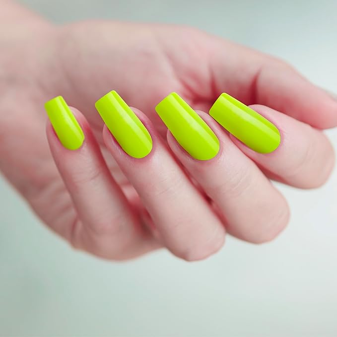 GoldFinger False Nails Kit, Ready to Wear Neon Yellow Fake Nails, Manicure Stick and Glue Included, Long Square Shape, Long-Lasting Hottest Trend Glue on Nails