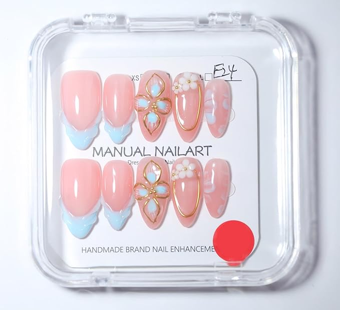 10 Medium Almond Handmade Press On Nails | Light Pink & Baby Blue Ombre Fake Nails with 3D Floral, Gold Rim & Marble Accents | Reusable, Easy Apply Salon Quality (251218, S)