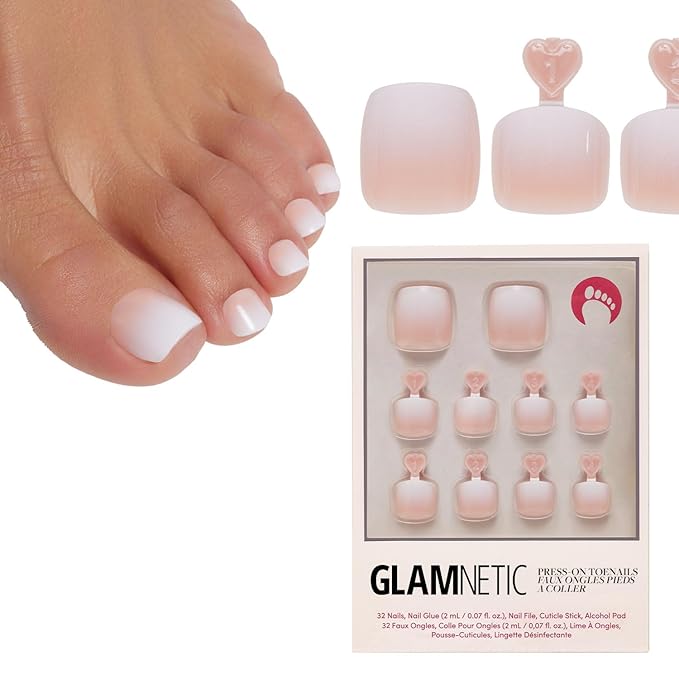 Glamnetic Press On Toenails - Creamer | Neutral Nude and White Ombre Fake Toe Nails with a Glossy Finish | 16 Sizes - 32 Toe Nail Kit with Glue