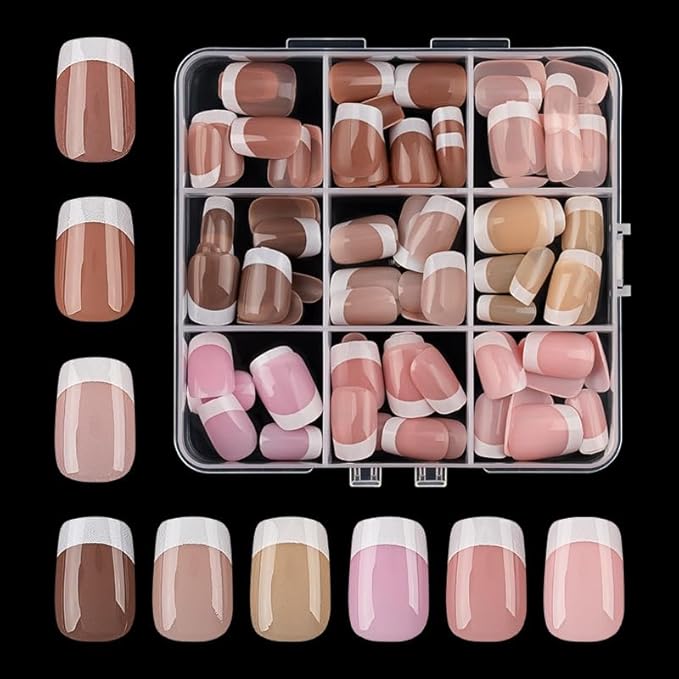 216Pcs Short Press on Nails Square Fake Nails White French Tip False Nails Kit Square Soft Gel Nail Tips Nude Acrylic Nails Art for Women Manicure 9 Colors