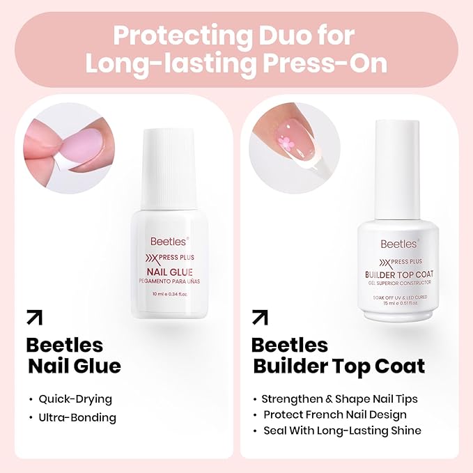 Beetles Fast Dry Nail Glue & Builder Top Coat Set, Strong Hold Nail Glue for Press-On Nails, High Shine Builder Top Coat for French Tips