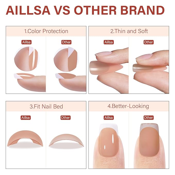 AILLSA French Gel Nail Tips, 192 Pcs Short French Tip Press On Nails Brown, Pre-Applied Primer & Base Coat, No Need File, French Nails Tips Square, Fake Nails with Designs DIY for Women Gift 16 Sizes