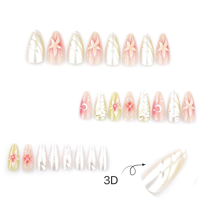 Almond Press on Nails Medium Fake Nails Ombre with 3D Flower Design Glossy Full Cover False Nails for Women Manicure 24Pcs