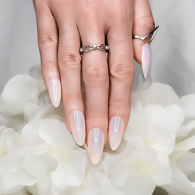 Hypnaughty 24 Pcs Light Peach Almond Chrome Luxury Press On Nails and Glue Reflective Medium Long Pointed Reusable False Nails (Light Peach Almond Chrome)