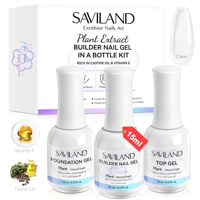 SAVILAND Clear Builder Nail Gel Kit: 3 Pcs 15ml Builder Nail Gel Base Top Gels with Castor Oil Vitamin E Apex Building for Thickening Extension Strengthening Repair Nails Art DIY Home Salon Gift Set