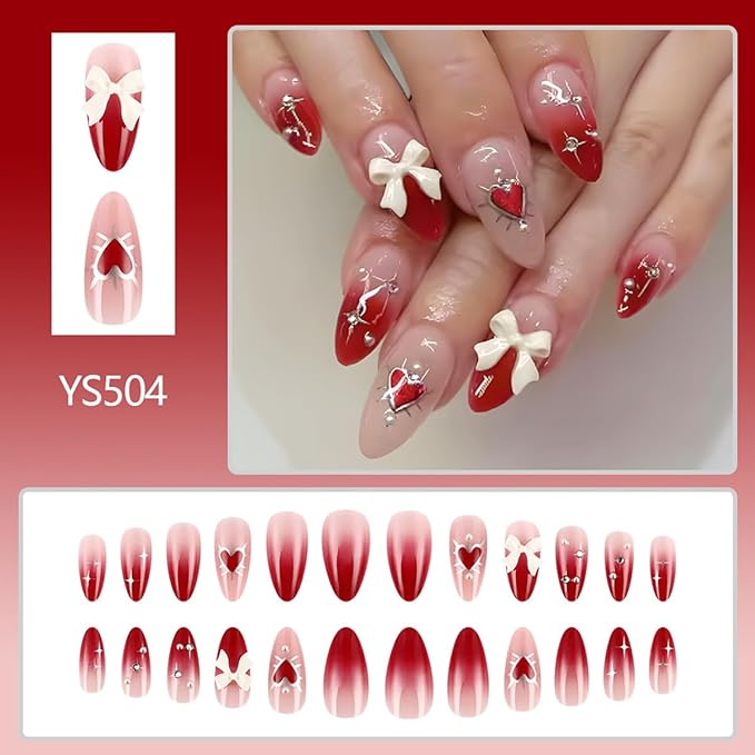 Valentines Press on Nails - Short Almond Nails Press ons with Bow Charms & Heart & Star & Rhinestones Designs, Glossy Acrylic Full Cover Cute Stick on Nails for Women Manicure 24Pcs