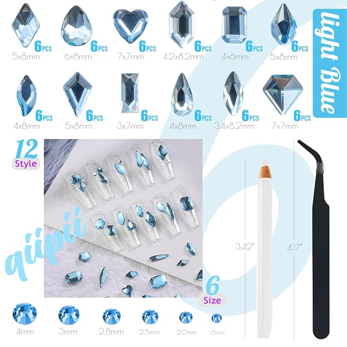 2052Pcs Light Blue Nail Rhinestones Baby Blue Big Gems 72 Multi Shapes K9 Glass Diamonds Flatback Round Beads Stones Crystals Jewels Nail Art Charms for Nails Faces Eyes Makeup Tumblers Crafts