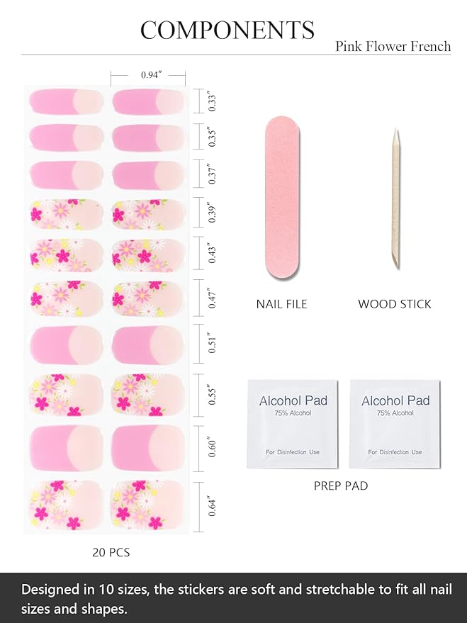 Semi Cured Gel Nail Strips (Pink Flower French), Summer, 20 Pcs Gel Nail Wraps, Stickers, UV Light Required, Salon Quality, Long Lasting