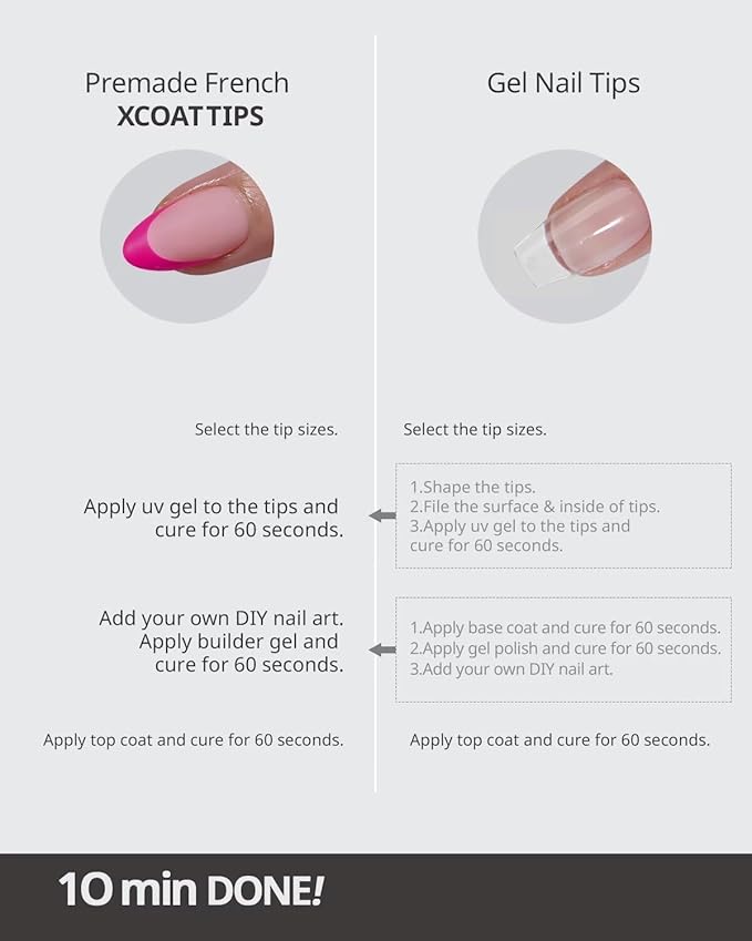 BTArtboxnails XCOATTIPS Pink French Tip Press On Nails - Short Almond Press On Nails, Soft Gel Nail Tips, Soak Off Pink Acrylic Fake Nail Extension in 16 Sizes