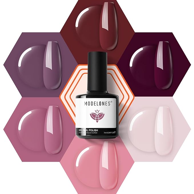 modelones Gel Nail Polish- 6 Colors Pink Brown Burgundy Red Gel Polish Set Peach Pastel Pink Nail Polish Kit Soak Off Manicure Set Nail Art Gift for Women DIY Home Salon