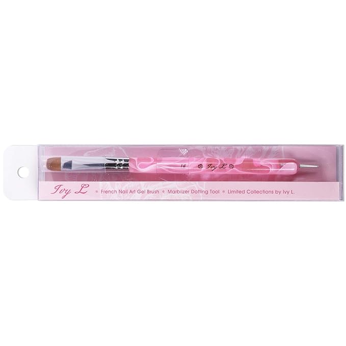 Ivy L Premium 2 Way French Gel Acrylic Nail Art Kolinsky Brush with Dotting Tool for Professional Manicure Cuticle Clean up Nail Art Design (Size # 14, Pink Marble)
