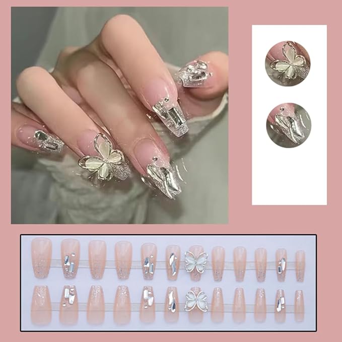 Press-On Nails, Medium Length Translucent False Nails with Diamonds, Inlaid with Butterfly and Diamonds, Suitable for Individuality Exquisite Girls and Women False Nails 24pcs (With Tool Kit)