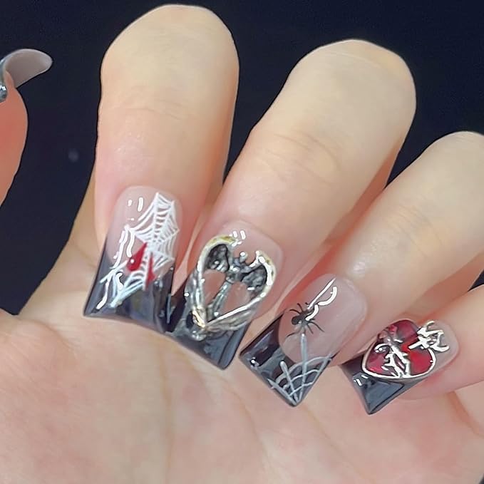 Halloween Luxury Press on Nails Short Duck Handmade 3D Unique Reusable ABS Material Fake Nails Black French False Nails with Designs Spider Web Bat Charms Glossy Glue on Nail Thick Acrylic Nail(M)