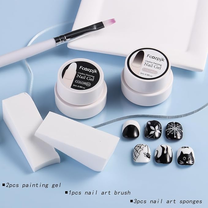 Gel Paint for Nails Art, 2PCS Black and White Gel Nail Polish No Wipe for French Tips Flowers Drawing Ombre Design UV/LED Curing Needed with Brush Pen & Sponges Home Manicure Salon Supplies