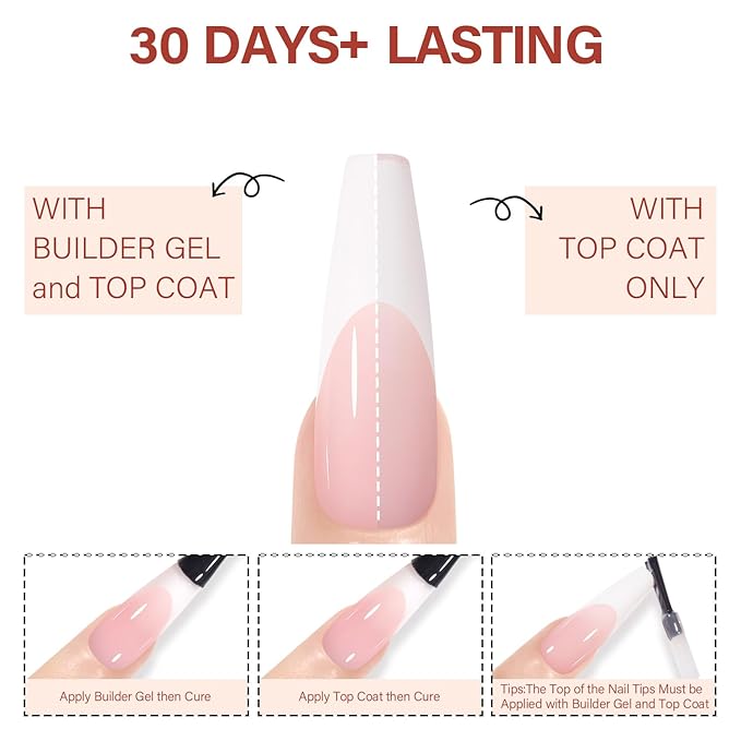 AILLSA French Gel Nail Tips, 180 Pcs French Tip Press On Nails Long Coffin Pink, Pre-Applied Primer & Base Coat, No Need File, Soft Nail Tips, Fake Nails for Nail Art DIY 15 Sizes
