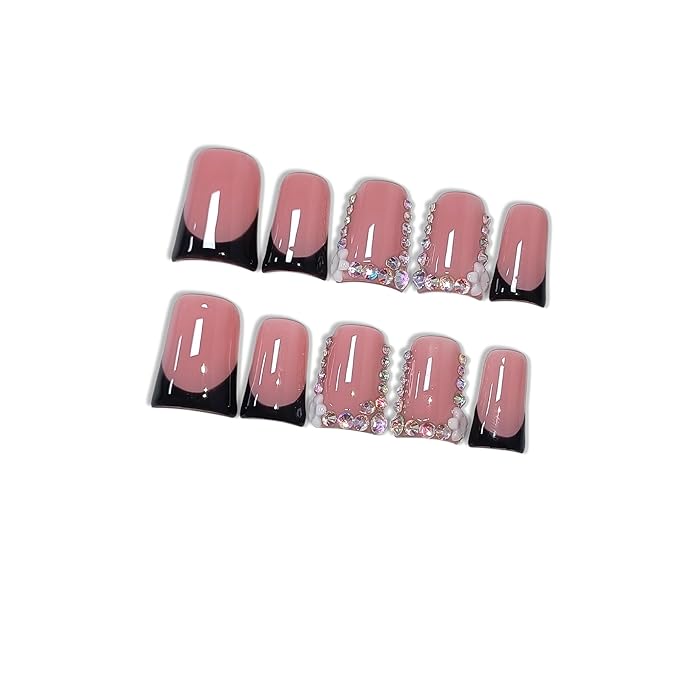 10pcs French Glam Press on Nails with Tools Kit, Short Duckbill Glossy Black French Tips, Rhinestones & 3D Flower Designs, Reusable & Easy Apply for Parties & Special Events (Size S)